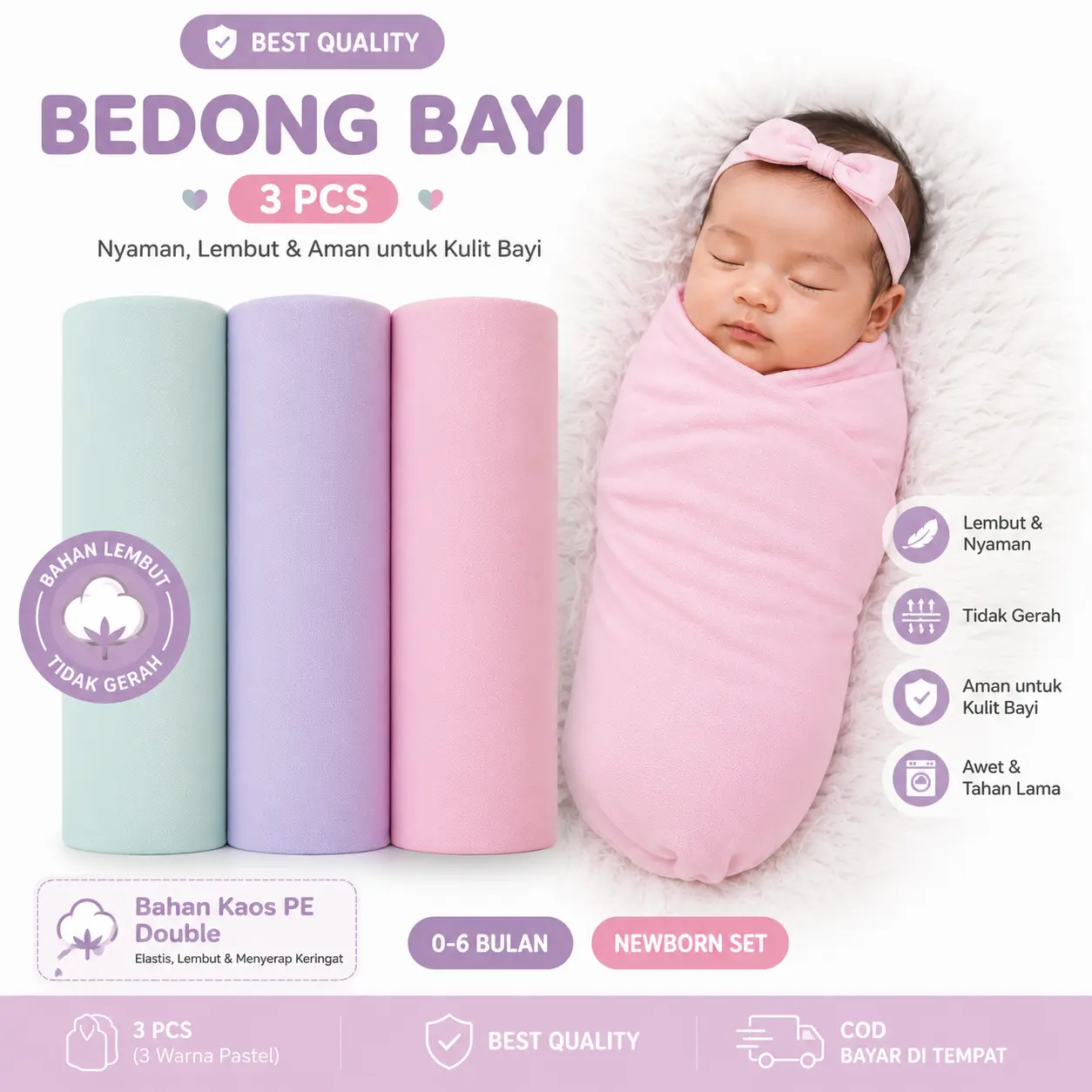 3 PCS BEDONG POLOS BEDONG BAYI BARU LAHIR 90X110CM
