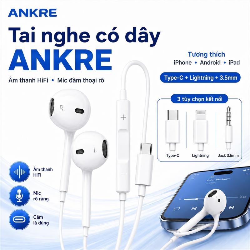 Tai Nghe Có Dây Type-C ANKRE, Tai Nghe Nhét Tai Có Mic, Âm Thanh Stereo HiFi, Tương Thích Điện Thoại Android