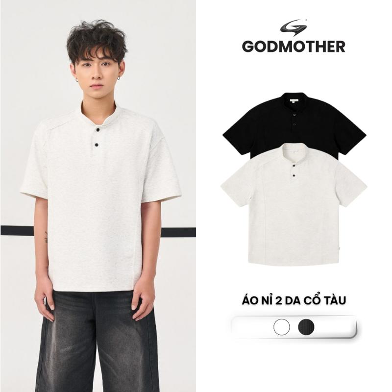 Áo Cộc Tay Nỉ 2 Da Cổ Tàu GODMOTHER 2026 Form Rộng Basic Trẻ Trung Năng Động Unisex