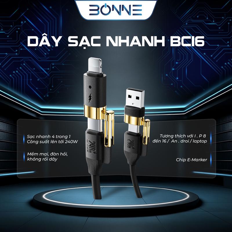 Dây Sạc Nhanh BC16 4in1 Công Suất 240W Chính Hãng By Bonne TECHNOLOGIQUE, Dây Sạc Đa Năng 4 Đầu Sạc, Sạc Được Cho Cả Điện Thoại Và Máy Tính, Bảo Hành Chính Hãng 12 Tháng