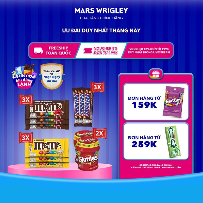  Combo Kẹo socola Snickers 35g lốc 3 thanh Combo 6 gói kẹo sô cô la sữa & sô cô la đậu phộng M&M's 37g  37gx3 + 37gx3  và Combo 2 hũ Kẹo Skittles Hương Trái Cây hũ 100g Viên kẹo trái cây 