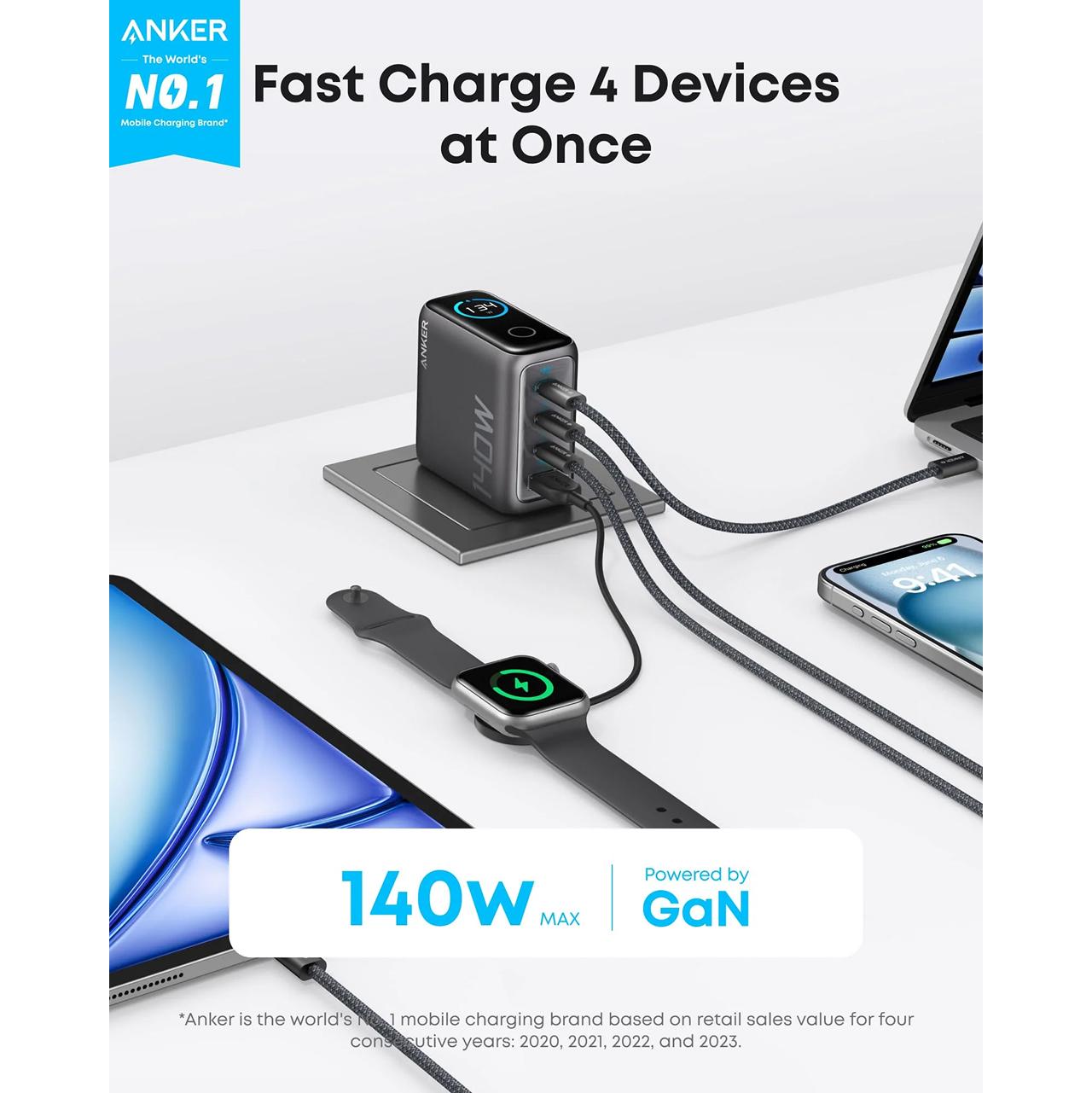 Anker Wall Charger 140W 3C 1A (+ Cable Charger USB C to USB C) With LED Display - Dark Gray B2697GZ1