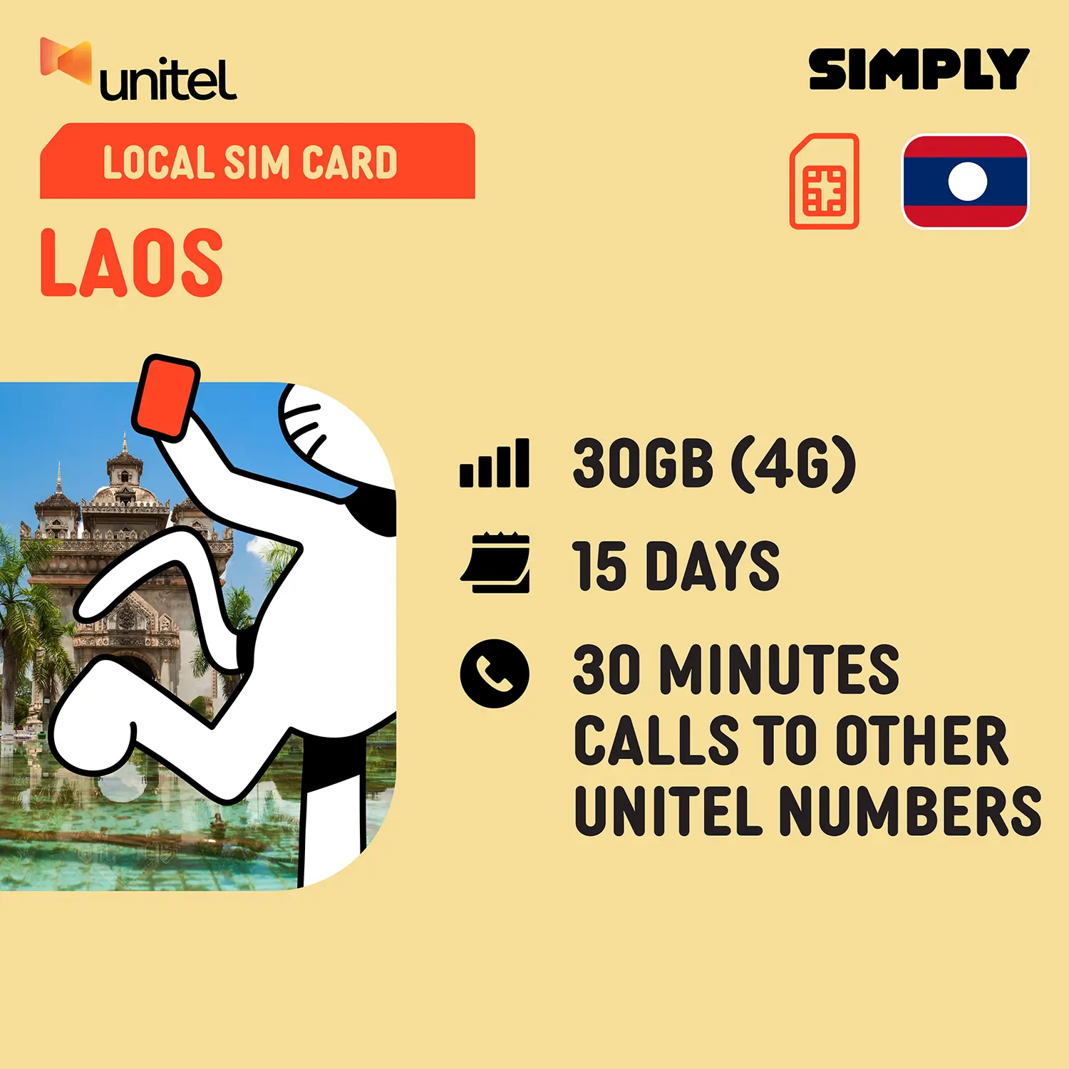 [Laos] 15 Days | 30GB(4G) Data + 30 Minutes Local Calls | Local Laos SIM Card | No Registration Required