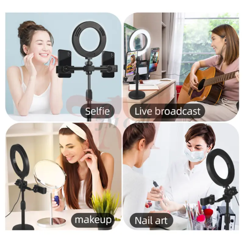 Ring light 16cm + Tripod Free 2 Holder Hp Ring light Tripod Mini Stand Holder Handphone Hp Live Streaming Selfie LED Make Up Vlog Lampu Siaran Langsung Tripod Meja Kantor / Live Desktop Ring Light Phone Holder 7