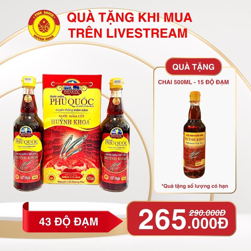 Huỳnh Khoa [OCOP 5 sao Quốc Gia] Nước mắm truyền thống Phú Quốc 43 độ đạm Đặc biệt 520ml Hộp 2 chai Sản xuất tại Phú Quốc đạt chỉ dẫn địa lý châu Âu