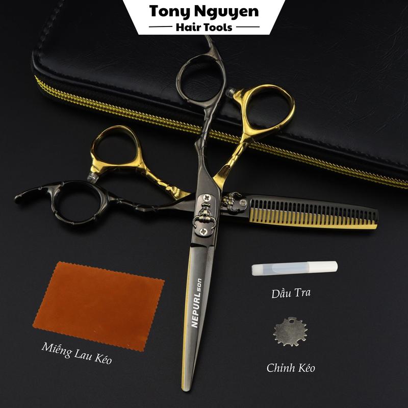 [Mẫu Mới] Cặp Kéo Nepurl Son Đầu Trâu 6.0 Màu Đen Vàng Cắt Tóc Chuyên Nghiệp Kèm Lược, Chỉnh Kéo, Dầu Tra Và Miếng Lau Kéo Dành Cho Nam Và Nữ