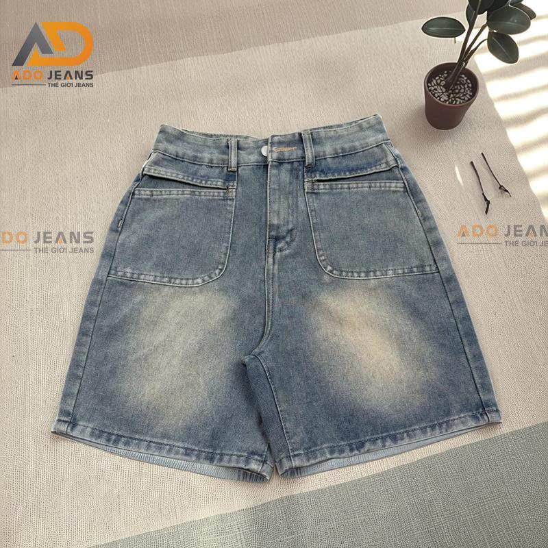 Quần ngố bò jean nữ lưng cao ống rộng phối túi cá tính Mã S27.