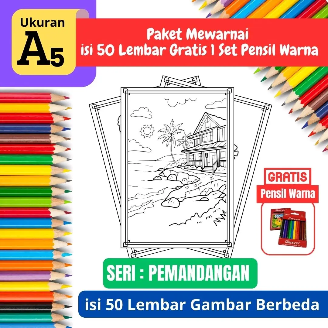 [ EDISI PEMANDANGAN ] Promo Termurah Paket Mewarnai Gambar isi 50 lembar Gratis 1 Set Pensil Warna - A5 Tebal - Edisi PEMANDANGAN