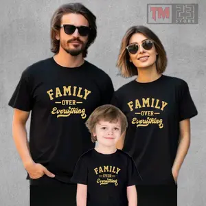 Baju Kaos Couple Pasangan Keluarga Motif FAMILY OVER EVERYTHING Terbaru Bahan Katun Combed Kualitas Premium Seragam Dewasa size m 4-6tahun tunik dewasa (hitam)