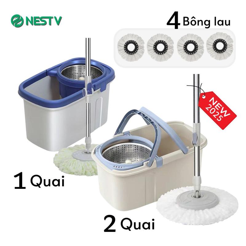Bộ Cây Lau Nhà 360 Độ Xoay Thông Minh Bông Lau Tròn Kèm Thùng Có Bánh Xe