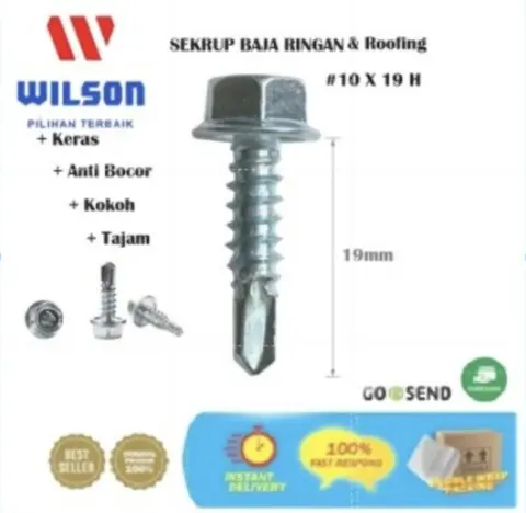 Baut Baja Ringan Wilson 10x19 drat halus sekrup roofing screw Hex sds