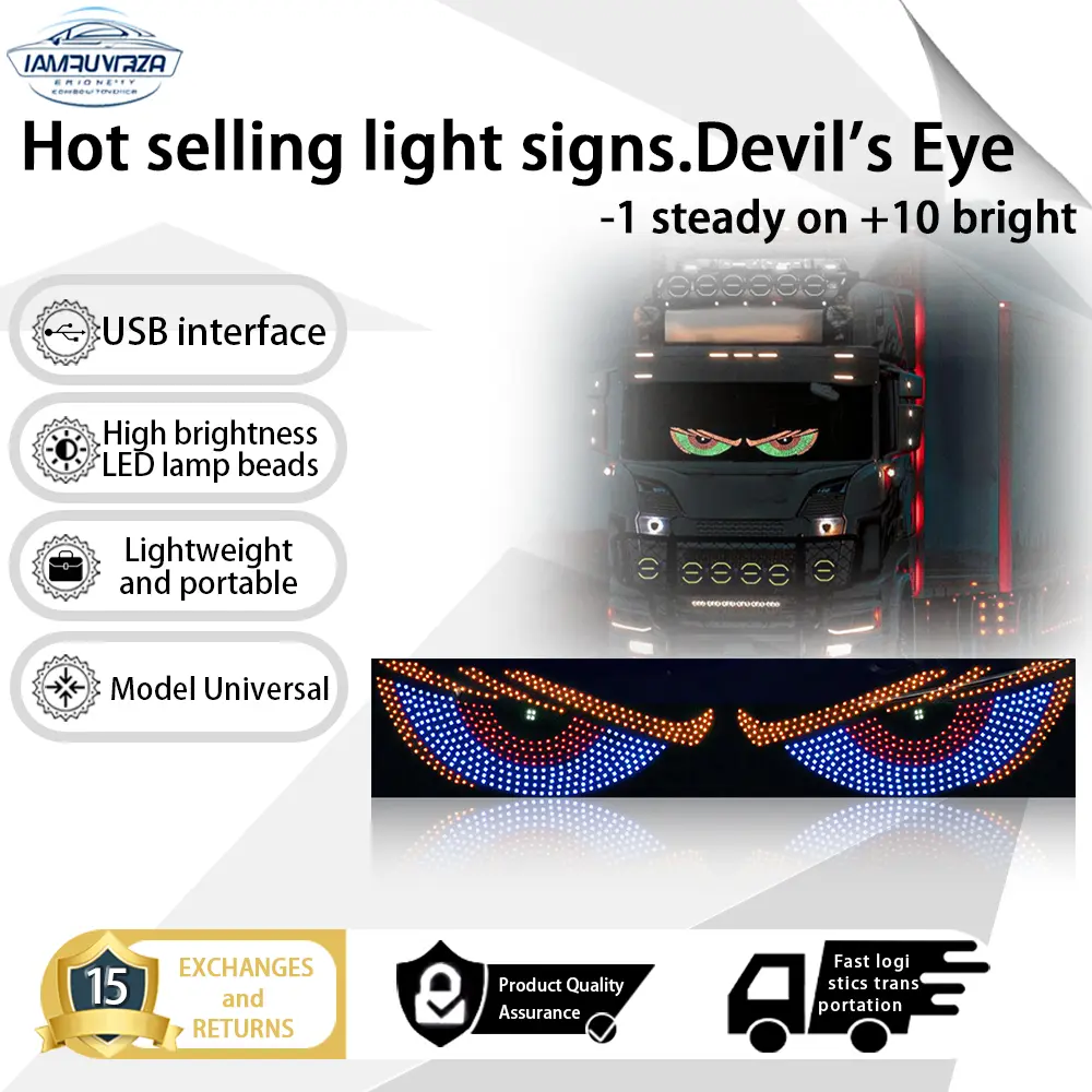 Đèn Mắt quỷ động, 2 cái, Màn hình LED hiển thị trước và sau, Đèn Kính, Cá tính vui nhộn và sáng tạo, Đèn màn hình mềm, Thích hợp cho xe tải, Ô tô, SUV, Trang trí ô tô