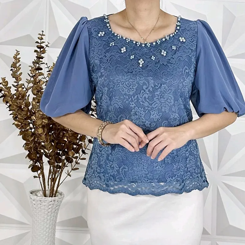 Atasan brokat blue ice sage hitam denim putih merah salem lapis furing mix payet resleting belakang 4