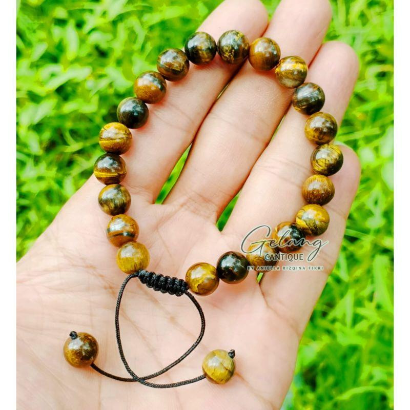 Gelang Batu Alam Tiger Eye Stone Tali Serut 4/6/8 mm, Gelang Chakra Kewibawaan Yoga Energi Positif, Gelang & Bangle Tangan, Natural Stone Bracelets, Tiger Eye Beads Model Harian Pria Wanita