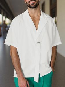 Men's Solid Color Ribbon Patchwork Short Sleeve Shirt, Casual Streetwear Lapel Metal Button Top for Summer Holiday, Fashion Men's Clothes for Daily Wear