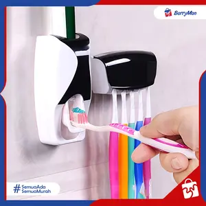 Dispenser Pasta Gigi Otomatis & Tempat Holder Sikat Gigi 5 Lubang GEN-2 Plastik Gantung Tempel Dinding Minimalis