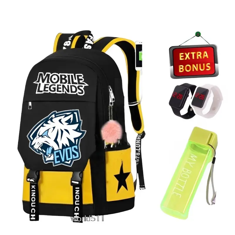MODERN / tas ff boyah/evos mobillegend Kanvas free jam botol Hitam Setrip kuning abu Anak Led Sd Fashion 2