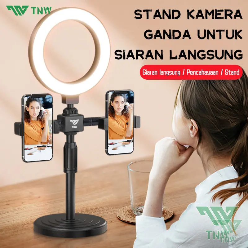 TNW Ring light 16cm+Tripod +2 Holder HP Ring light Tripod Mini Stand HP  Live stream Selfie Make Hitam+Charging Cable