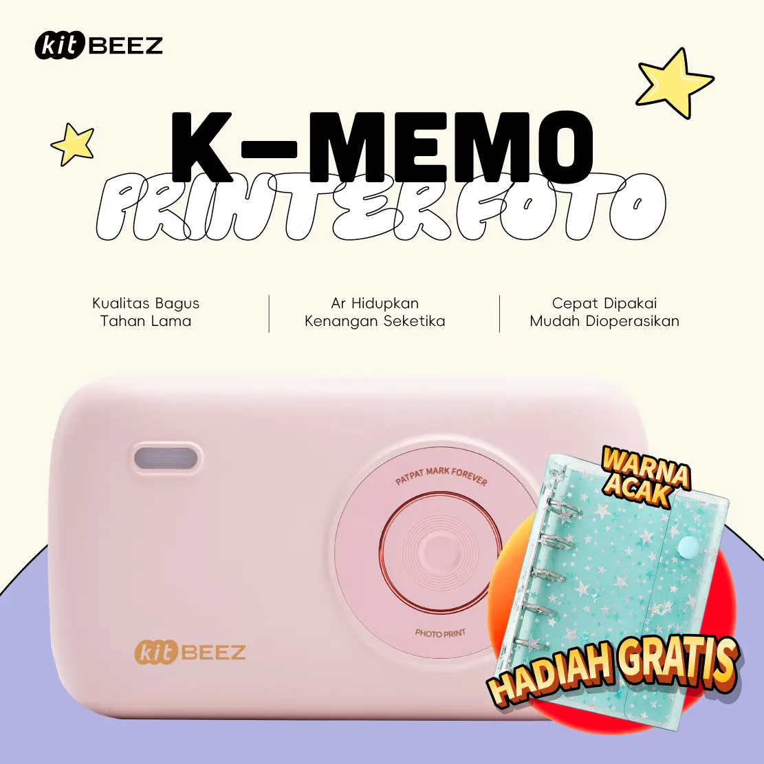 【NEW RELEASE】【KiTBEEZ K-MEMO】 Printer Foto Portabel 300 DPI Thermal Sublimasi + AR Photo + Anti Gores — Cetak Foto Kenangan, Hadiah Spesial, Kado Unik