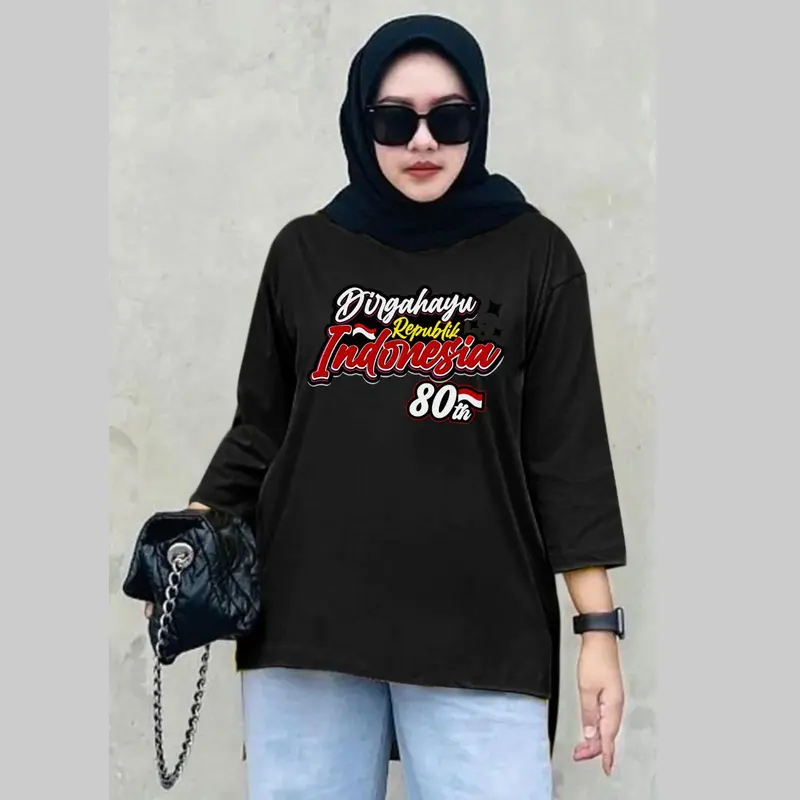 Atasan Oversize Kemerdekaan NKRI Lengan 7/8 / Atasan HUT RI 80 th 2025/ Kaos Seragam Agustusan Kekinian Murah Wanita Baju 1