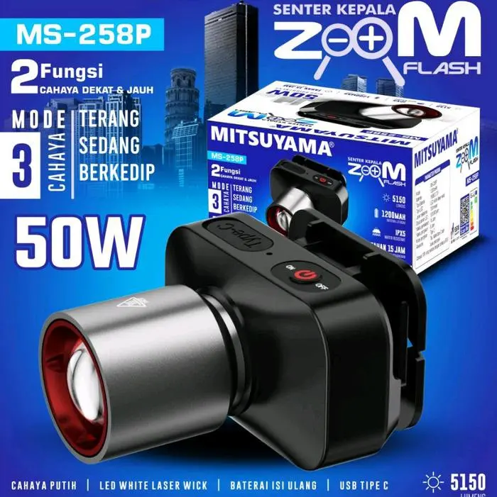 Barangunik2021 - Senter Kepala LED 50W Zoom 1200mAh Mitsuyama MS-258P / Headlamp LED Zoom 3 Mode Cahaya 50watt