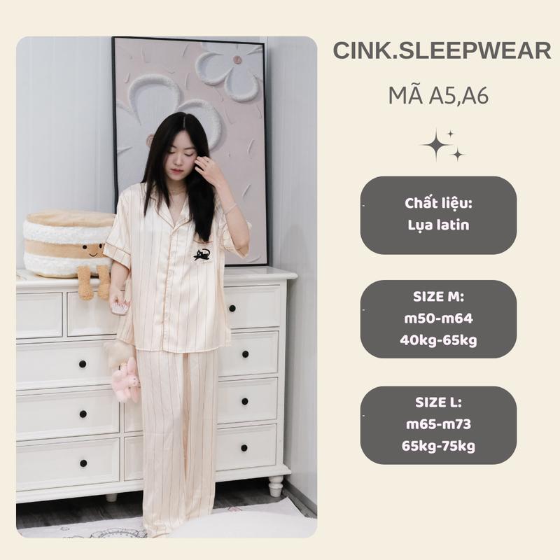 (LINK 2) A6 - CINK SLEEPWEAR bộ ngủ pyjama lụa latin đồ bộ lụa mặc nhà hoạ tiết mèo con kẻ sọc