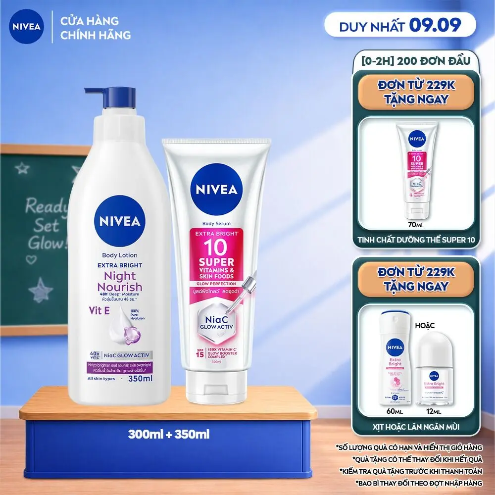 Bộ Đôi Tinh chất Dưỡng Thể Nivea 10 Super Vitamins Sáng Da Mờ Thâm & Đốm Nâu (300ml) & Sữa Dưỡng Thể NIVEA Dưỡng Sáng Mịn Da Ban Đêm (350ml) - 93824+98412