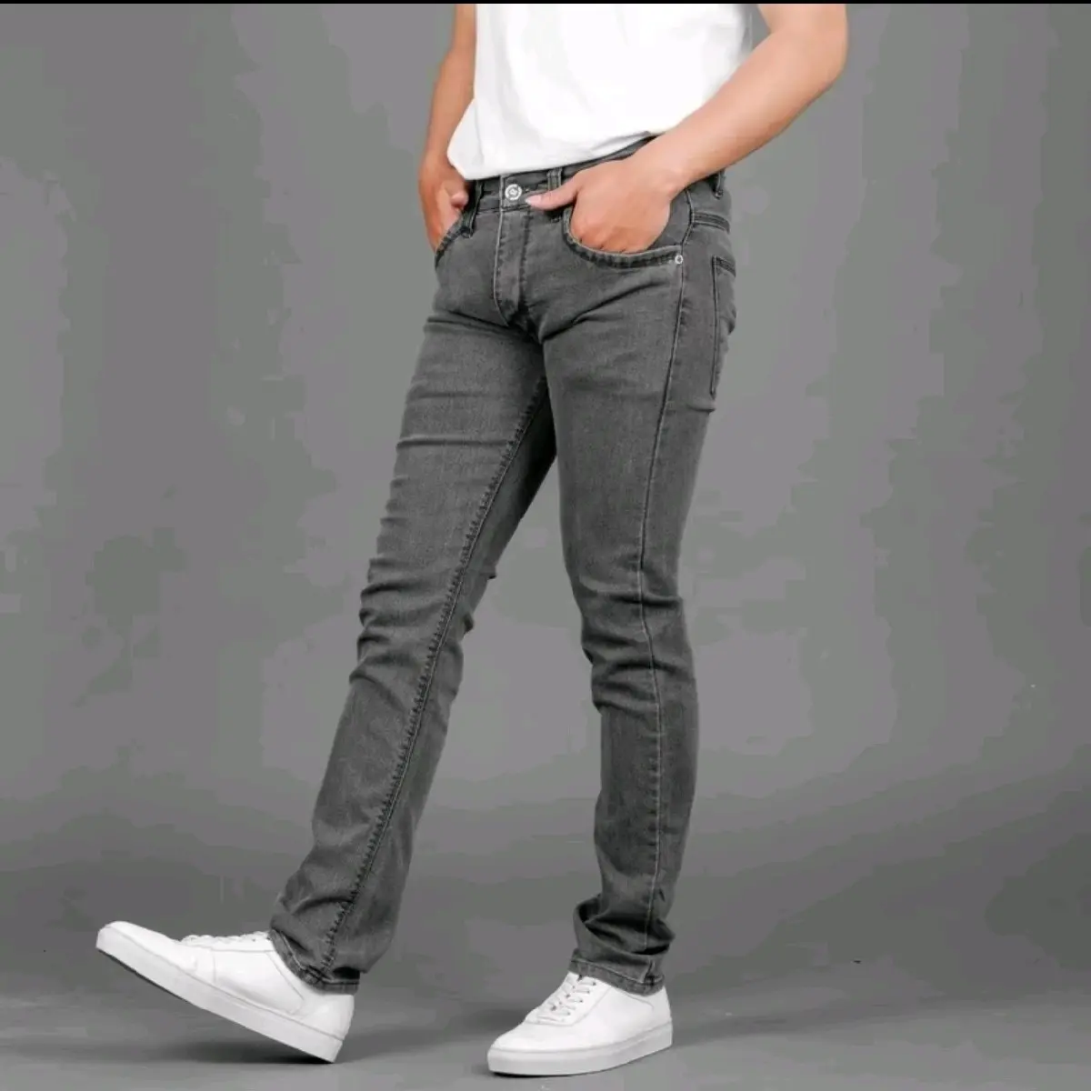 Celana Jeans Pria Panjang Skinny Polos Darkgrey / Celana Jeans Cowok Abu Stretch