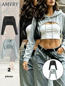 Sudadera corta con capucha y hombros caídos para mujer, sudadera informal con capucha y manga larga para el día a día, ropa de mujer para todas las temporadas