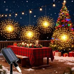 Luces de fuego artificial colgantes solares, Cadena de luces LED de alambre de cobre inteligente, 240 LEDs cálidos / multicolor, Modos ajustables, Decoración exterior