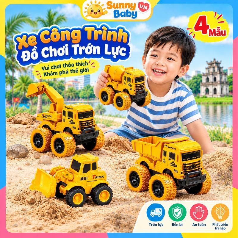 Đồ chơi kéo lùi với cơ chế quay quán tính; ô tô bốn bánh chạy off-road; có 4 kiểu: cần cẩu, xe xúc, xe trộn bê tông, xe tải hất đổ; đồ chơi xe công trình/xe kỹ thuật xây dựng