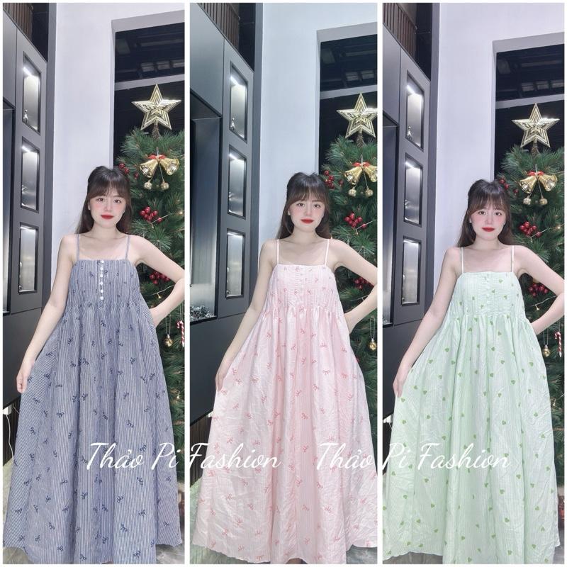  Đầm hai dây phối nút dáng dài hoạ tiết xinh xắn dễ thương tiểu thư - váy 2s nút hoạ tiết 