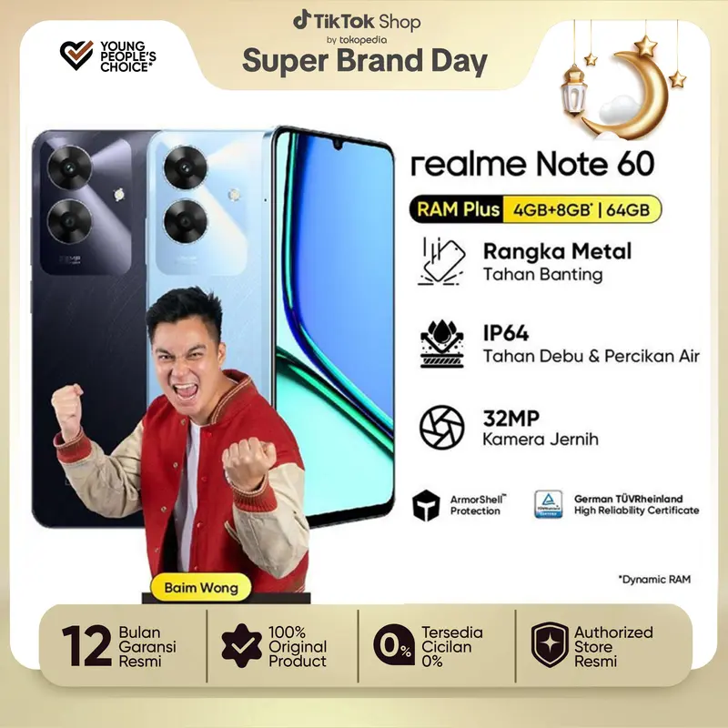 【Exclusive Baim Wong】Official realme Note 60 4GB+8GB*|64GB (ArmorShell Protection | TÜV Rheinland | 32MP Camera| 48-month Fluency | IP64 Dust & Water Resistance) Bluetooth Kamera Tws Blue 0