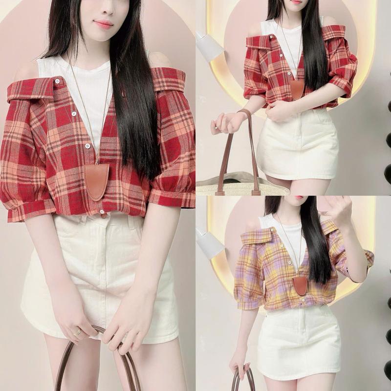  Áo sơ mi nữ áo caro phối thun gấu áo bo chun trẻ trung LAMO- B1427 