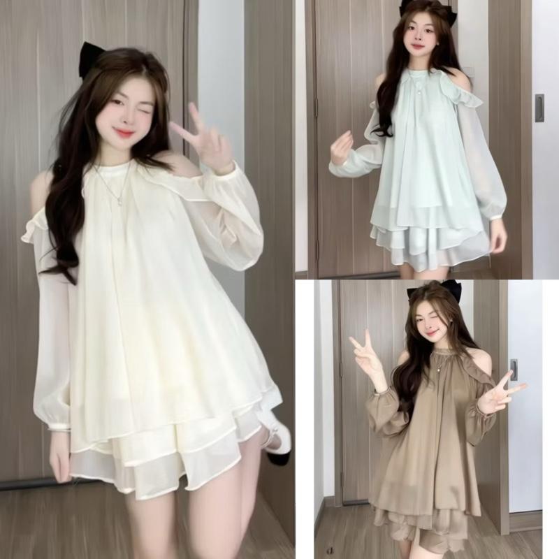 Set bộ đồ nữ chất tơ hở vai có chân váy kèm quần bảo hộ dilyshop - S110 