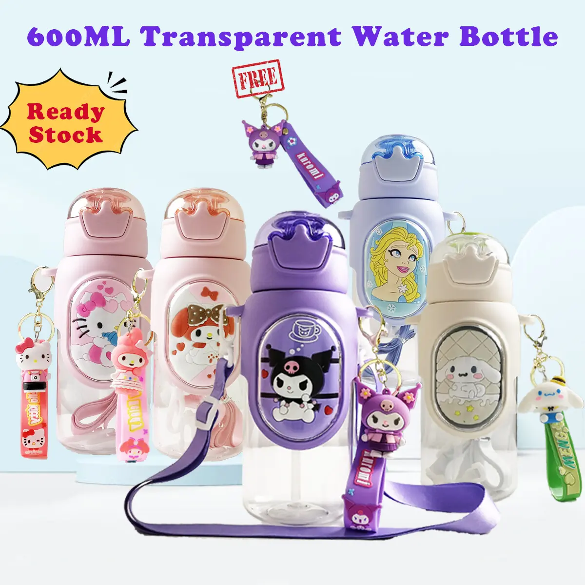 Water Bottle 600ml Botol Air with Keychain Kuromi Cinnamoroll Melody Straw Transparent Leak-proof Baby Bottle with Silicone Strap for Children Kids School Office Travel Pink Blue