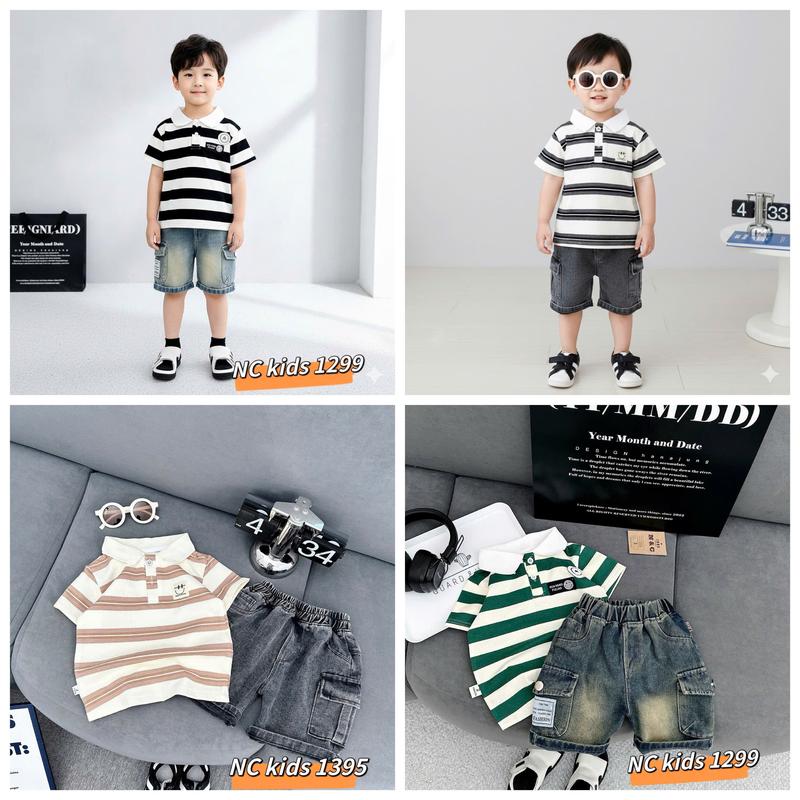 {R31} Sét bộ quần jean kèm áo polo cổ trụ kẻ ngang cho bé trai diện đi chơi size từ 8-28kg 