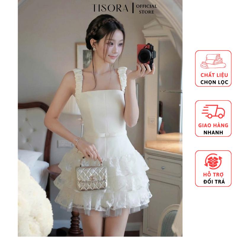 Tisora đầm váy 2 dây đính nơ eo phối ren kết kim sa 3 tầng