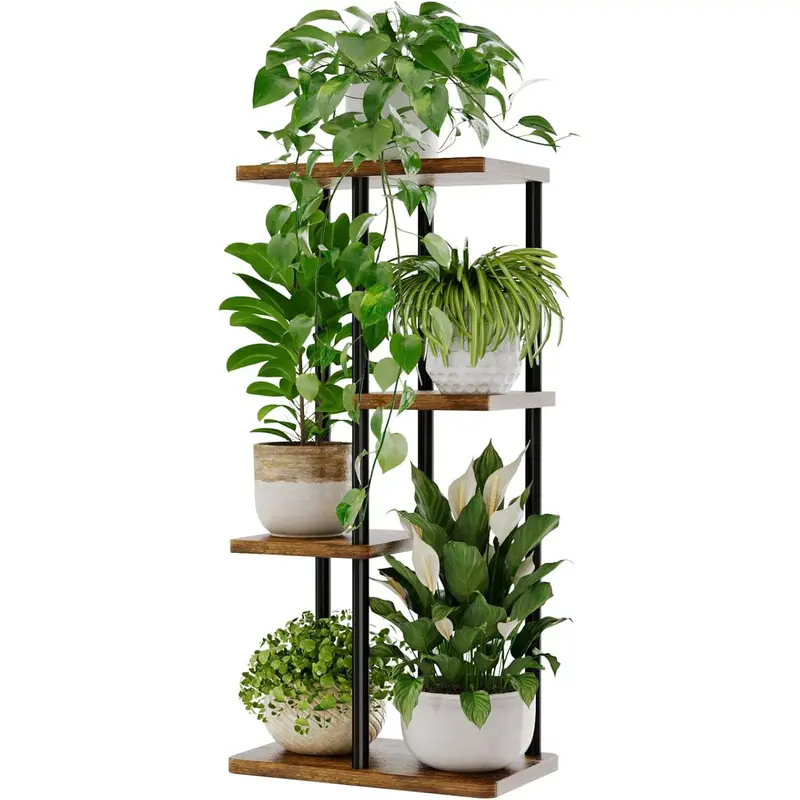 Bamworld Plant Stand Indoor Metal Plant Rack Outdoor Black Plant Holder 4 Levels 5 Pot for Multiple Plants Corner Plant Table for Patio Garden Balcony Living Room (39 x 23 x 78 cm) 0