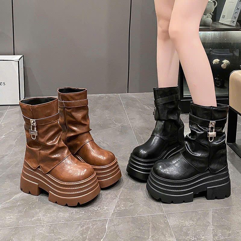 Giày bốt nữ cao cổ dạng xỏ đế thô cao 10cm da PU phong cách cá tính 2 màu phối đồ chất