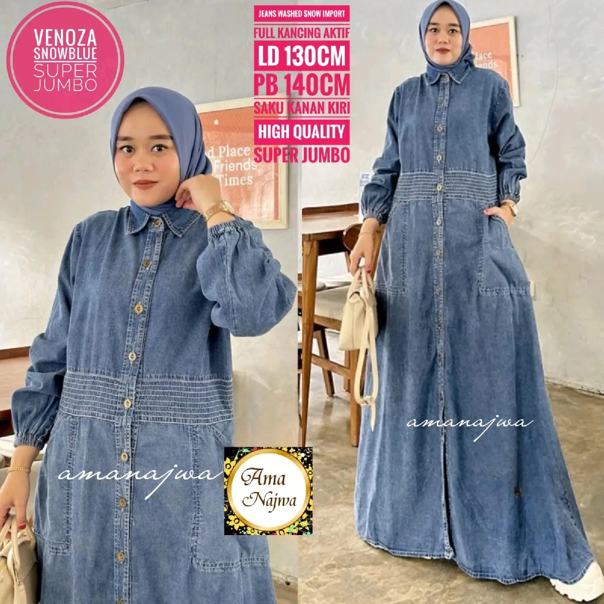 Gamis Jeans Polos Kekinian LD 110 & 130 Dress Panjang Wanita - Produk Asli - Muslim