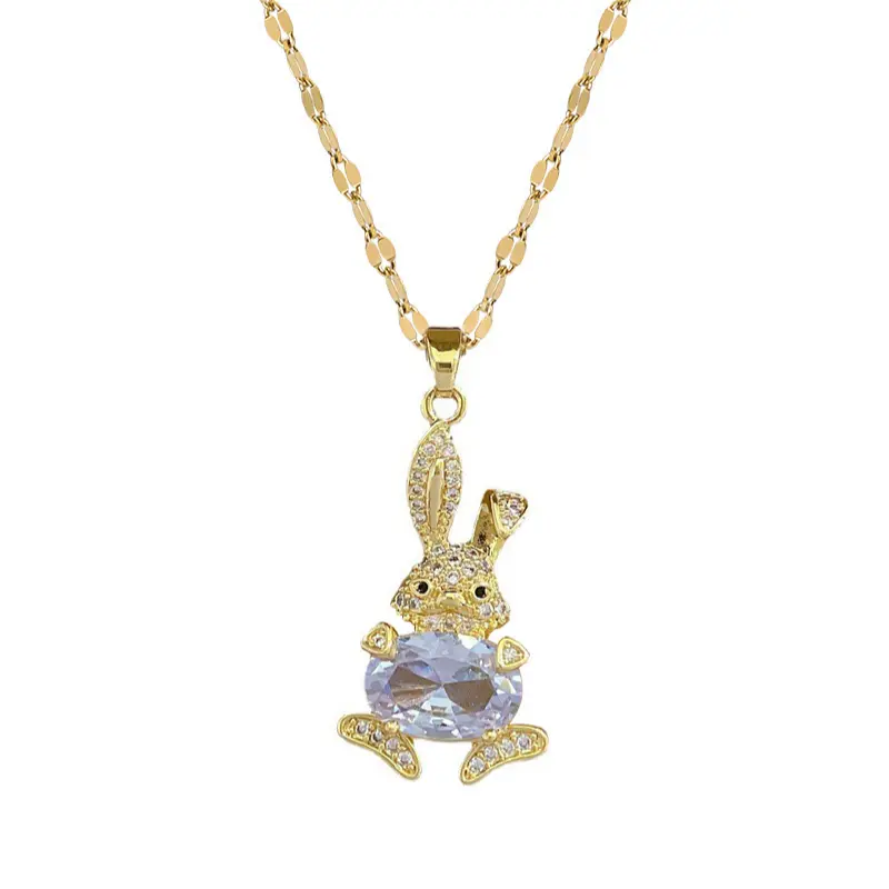 PJ K357 KALUNG TITANIUM WANITA LIONTIN RABBIT BERLIAN GOLD 4