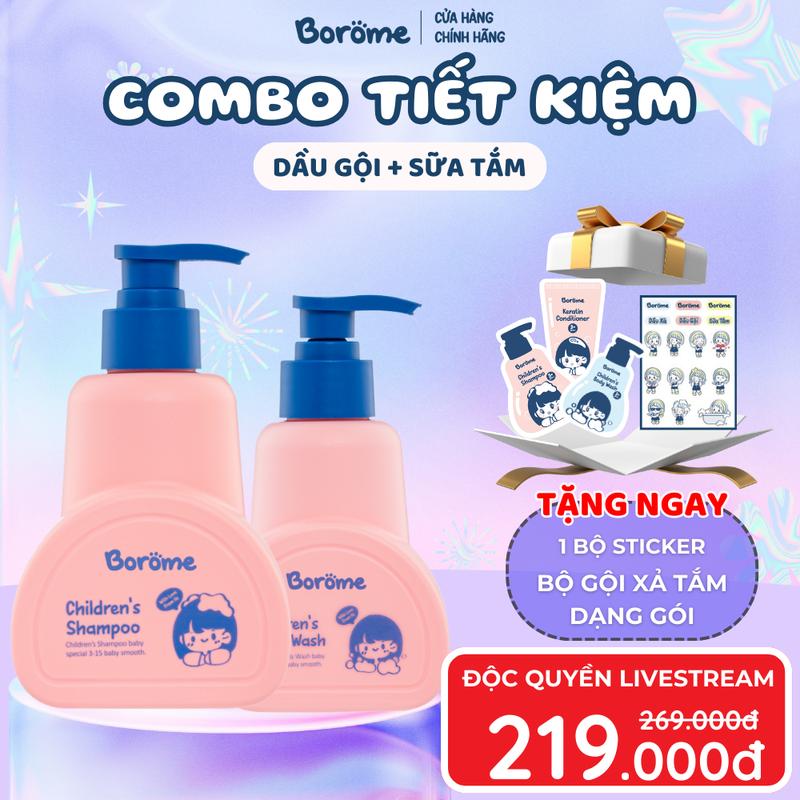    ĐỘC QUYỀN LIVESTREAM   COMBO TIẾT KIỆM Dầu gội + Sữa tắm trẻ em Borome + Tặng bộ gội xả tắm dạng gói 