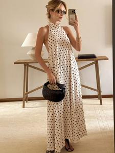 Vestido largo sin tirantes para mujer con lunares, sin mangas y espalda descubierta; vestido de verano suelto y fluido, elegante para fiestas, playa y vacaciones.