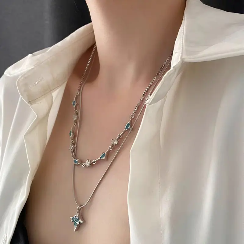 Kalung 2 Layer Permata Biru Necklace Double Layer MultiLayer Panjang 3