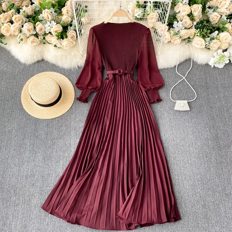 Korean StyLe Women Ladies Puff Long Sleeve Chiffon Slim Pleated Swing Maxi Long Party Dress with Waist Belt Ready Stock Formal Womenswear