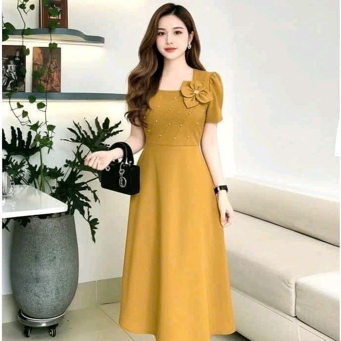 4 Màu Đầm Cotton Lạnh (Không Co Giãn) Cổ Vuông Đính Nơ Ngực A23 - Váy Xòe Dáng Dài Che Khuyết Điểm Bigsize - Nữ