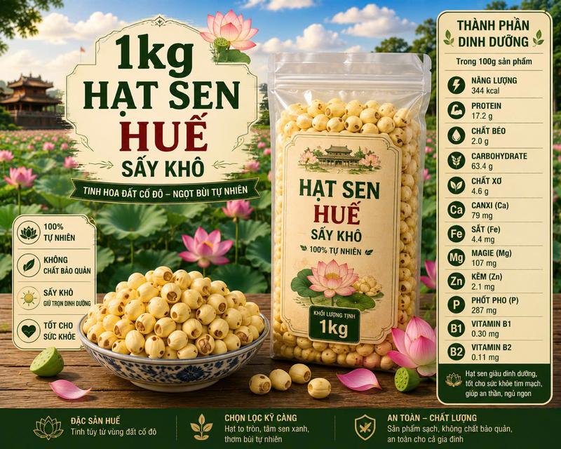 1KG HẠT SEN KHÔ HUẾ - THƠM NGON, BỞ BÙI KHÔNG SƯỢNG