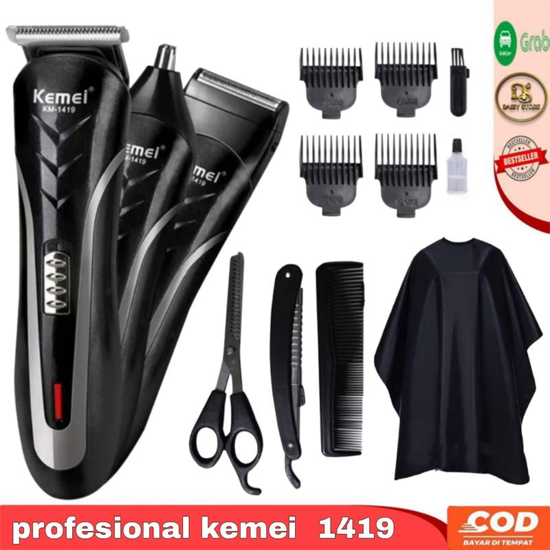Satu Paket Barbershop Pencukur Rambut Kemei Rechargeable Hair Clipper Alat Cukur Rambut Jenggot Kumis Multifungsi Lengkap 1