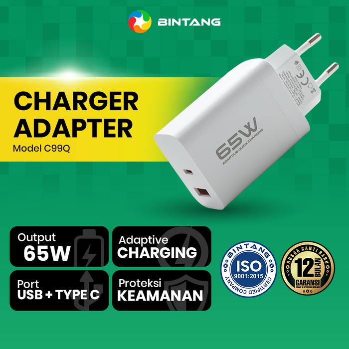 Gambar BINTANG C99Q Adapter Charger Fast Charging 65W Dual Port USB + Type C 30W dari Bintang Official Store Kota Tangerang Tokopedia